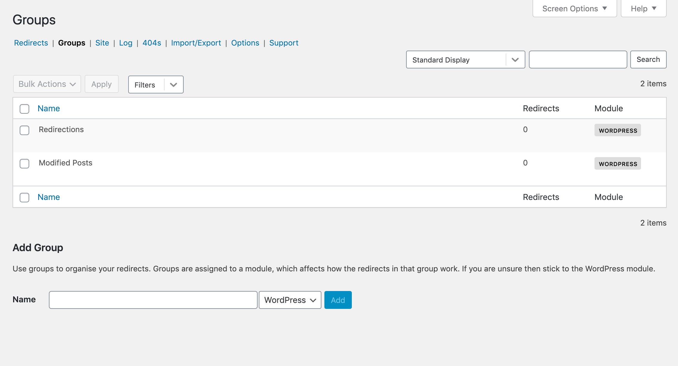 WordPress Redirection plugin groups.