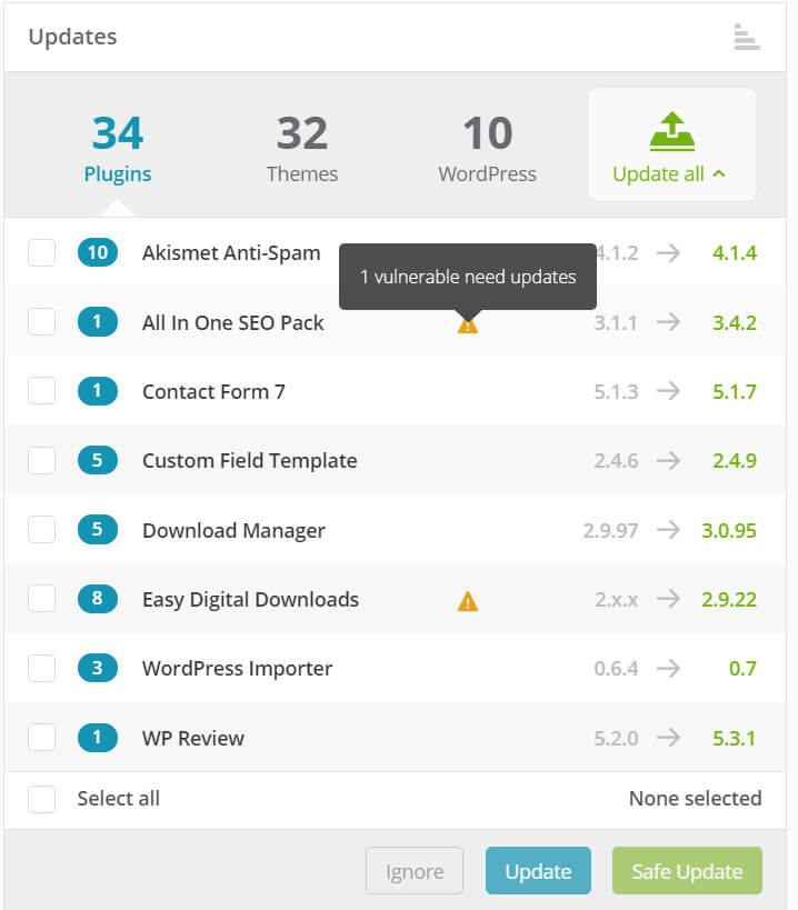 ManageWP Safe Updates in user dashboard.