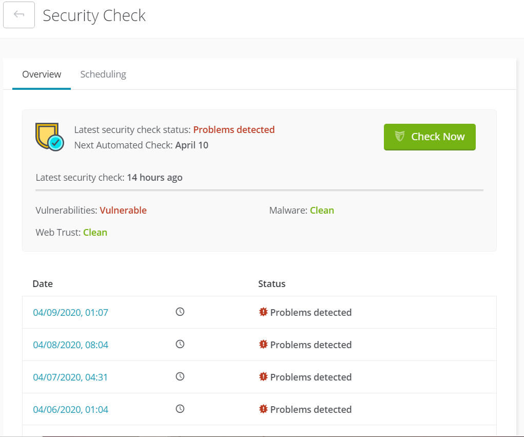 ManageWP Security Check in user dashboard.