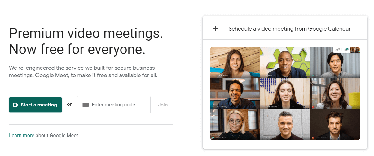 The Google Meet homepage.