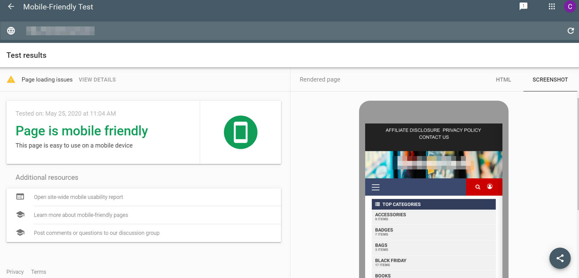 Google Mobile-Friendly Test results.