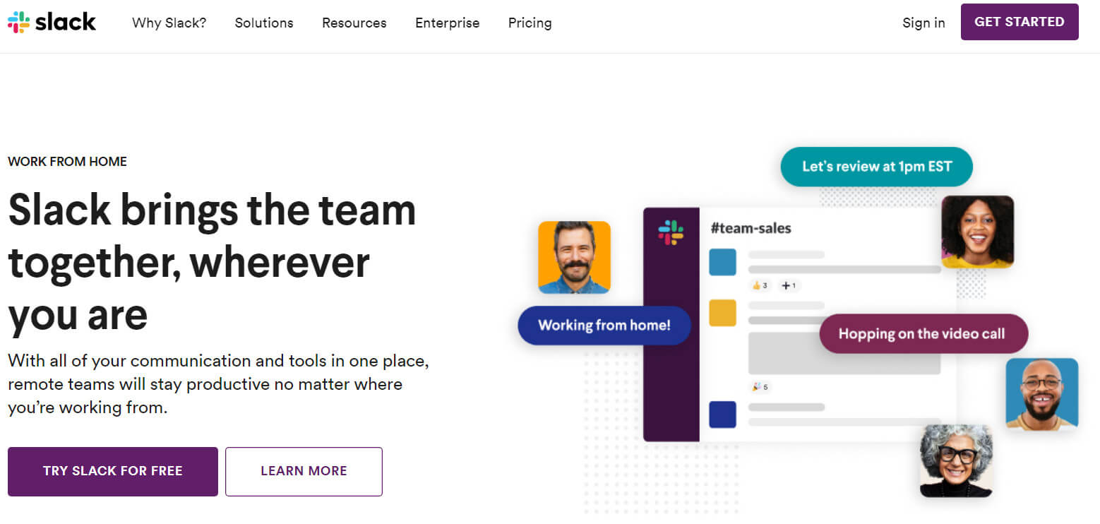 The Slack homepage.