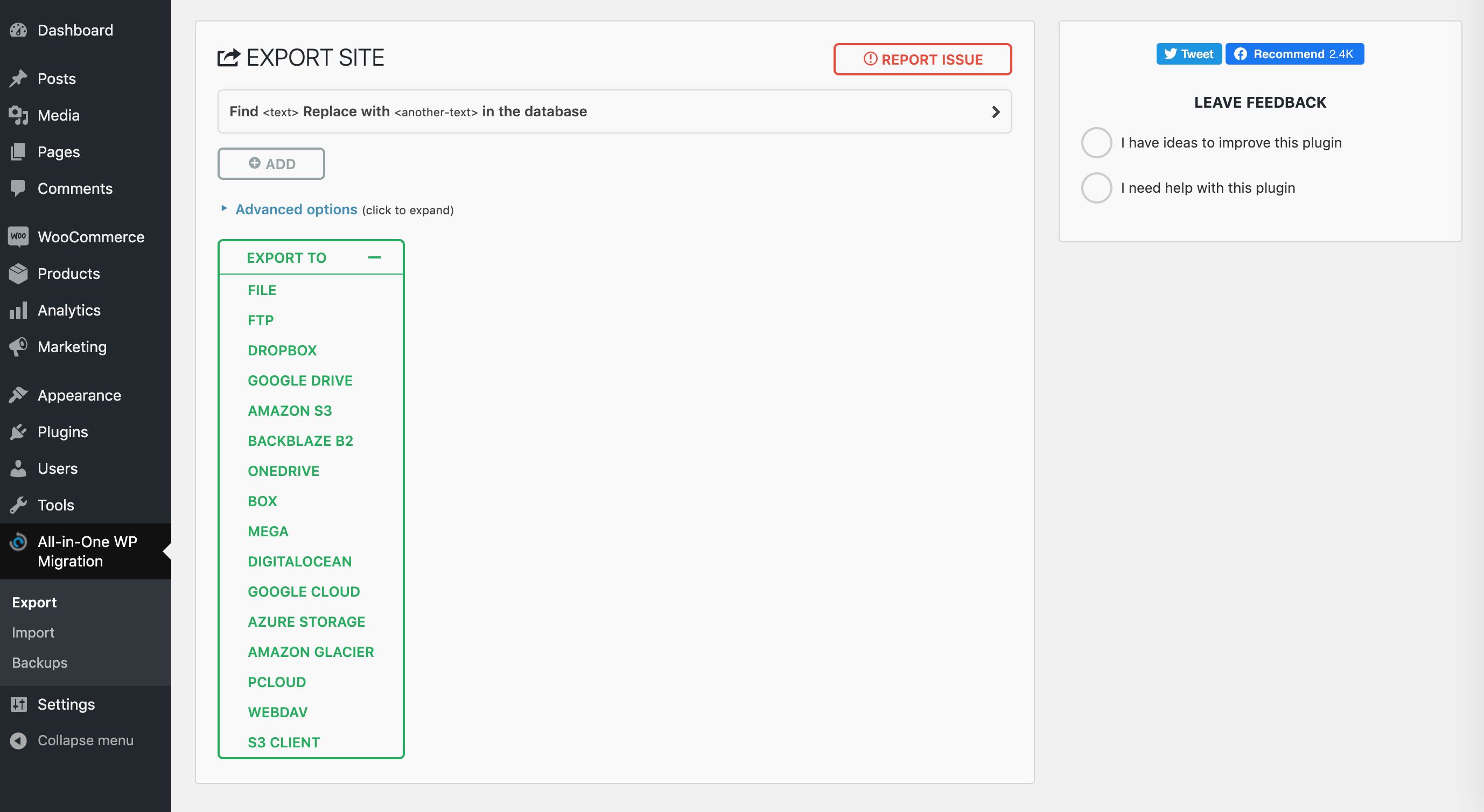 Exporting a WordPress site with All-In-One WP Migration as a file.