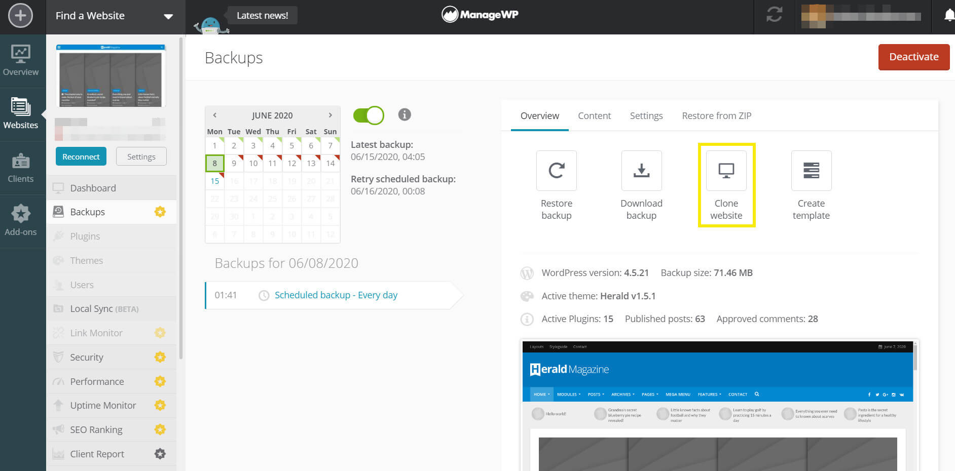 ManageWP backups with clone option.