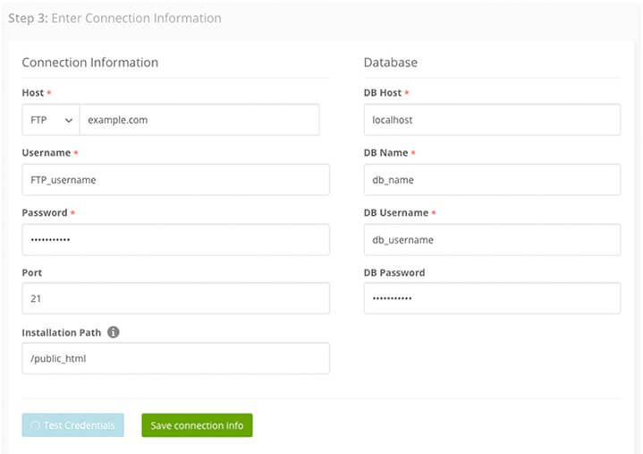 ManageWP Connection Information form.