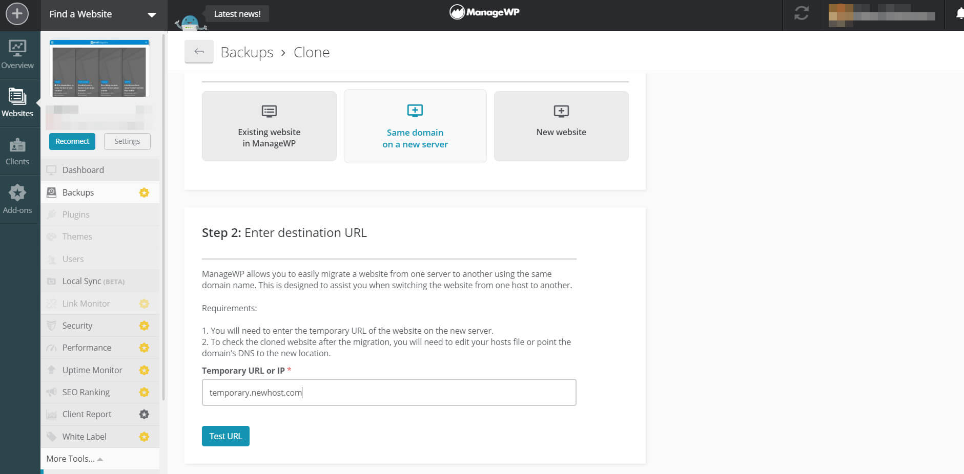 ManageWP Clone destination types