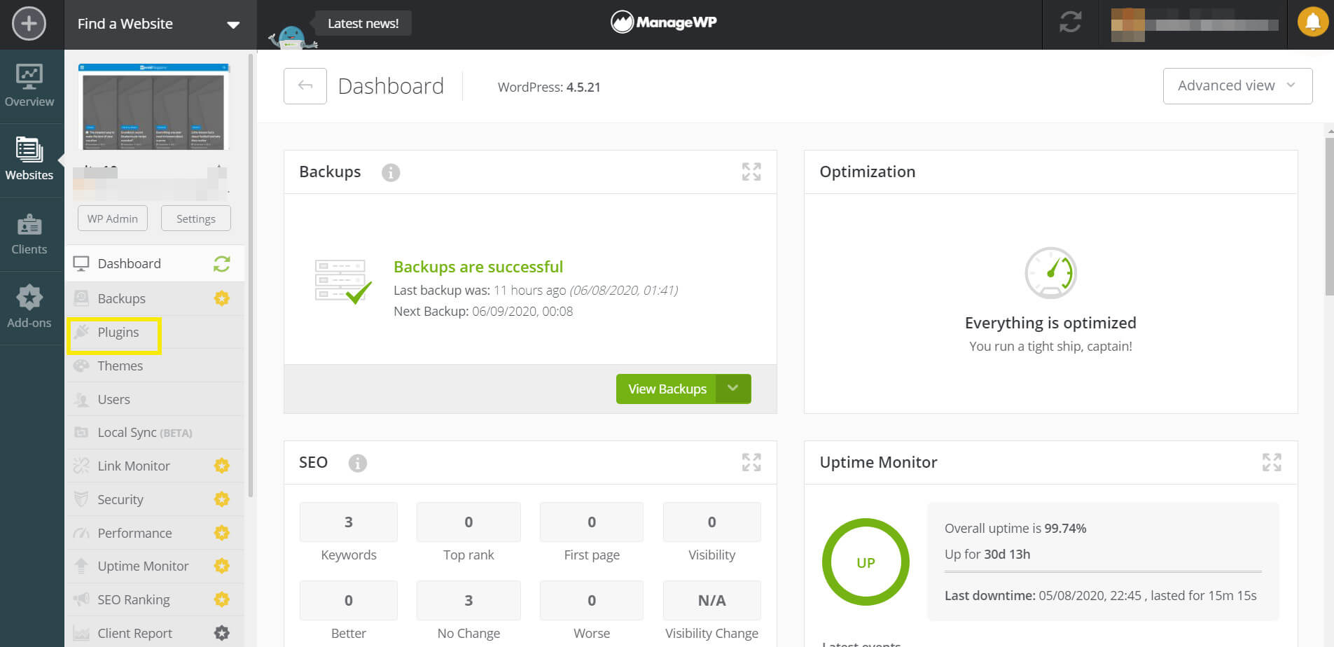 ManageWP dashboard