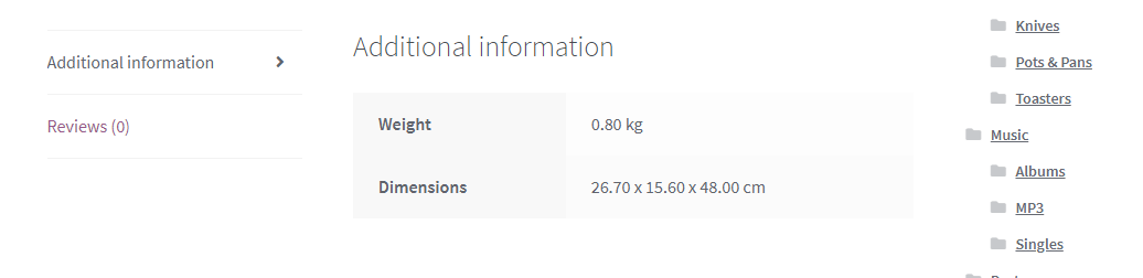 A product details table.