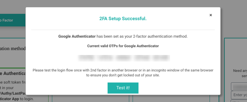 The '2FA Setup Success' message from the Google Authenticator WordPress plugin.