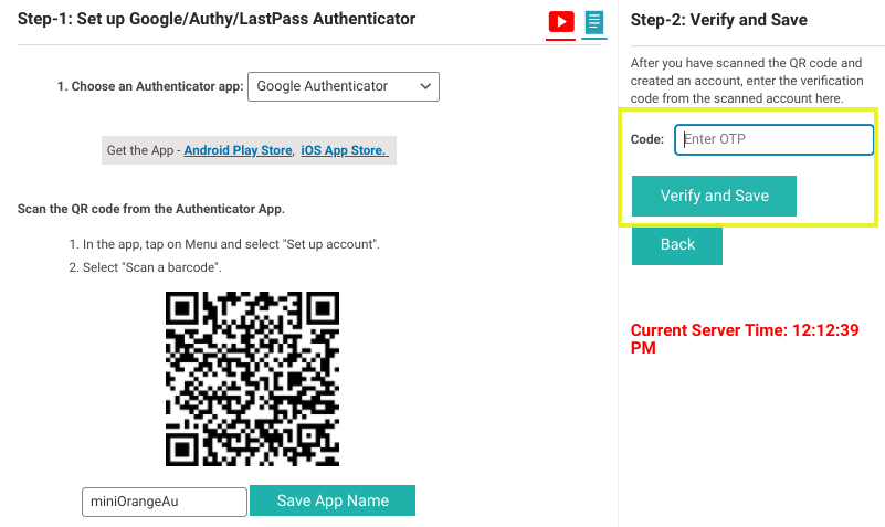 The place to verify and save the Google Authenticator code in the WordPress plugin.