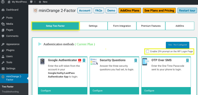 The option to enable 2FA from the WP login page.