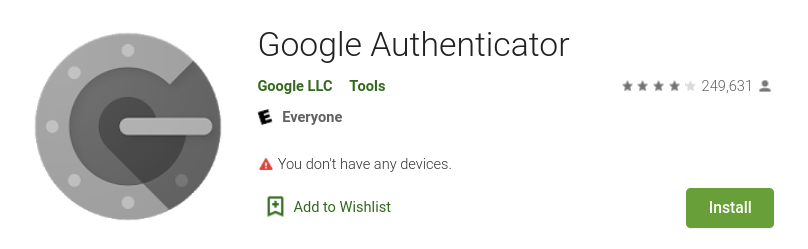 The Google Authenticator app download page from Google Play.