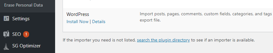 Installing the WordPress import tool.