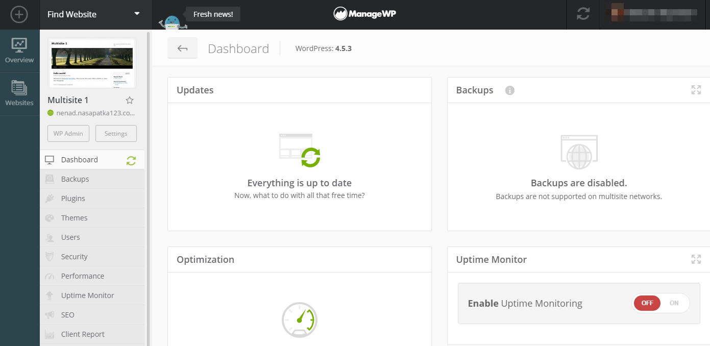 Adding a multisite network to ManageWP.