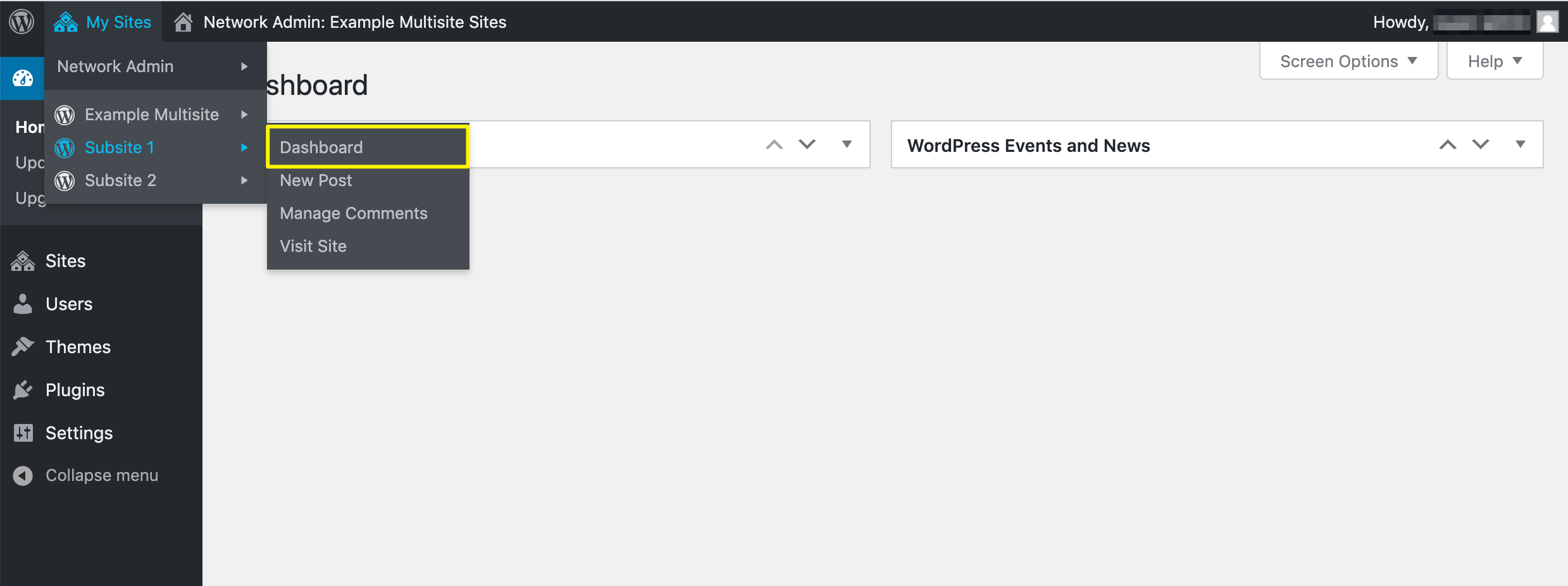 Accessing a subsite dashboard in WordPress multisite.