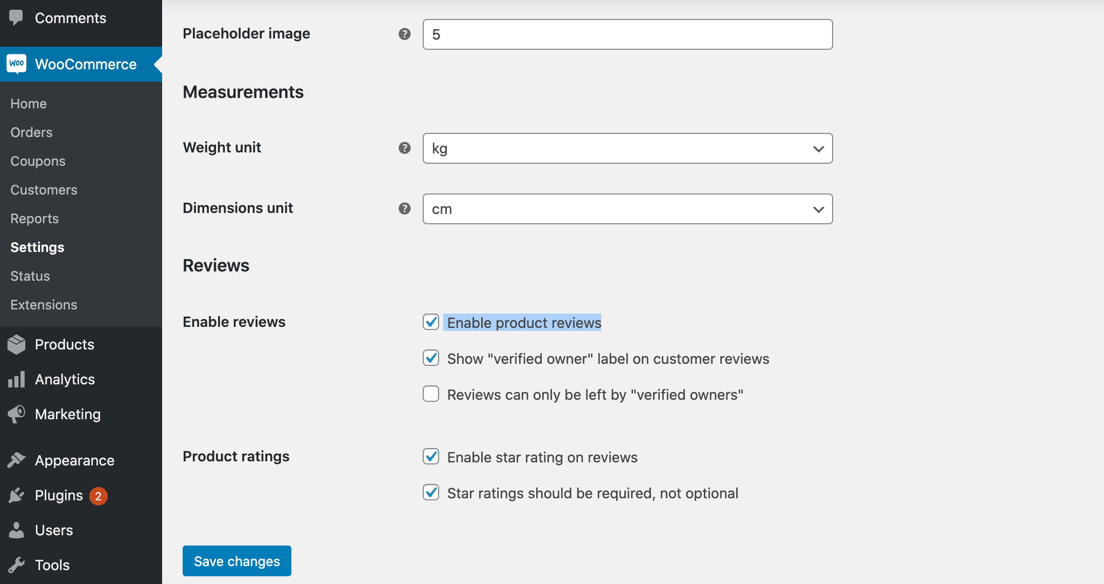 WooCommerce's customer review settings.