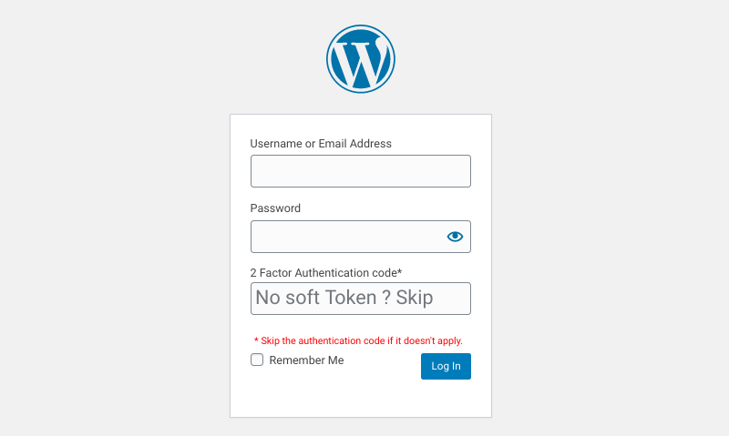 The WordPress login page with 2FA.