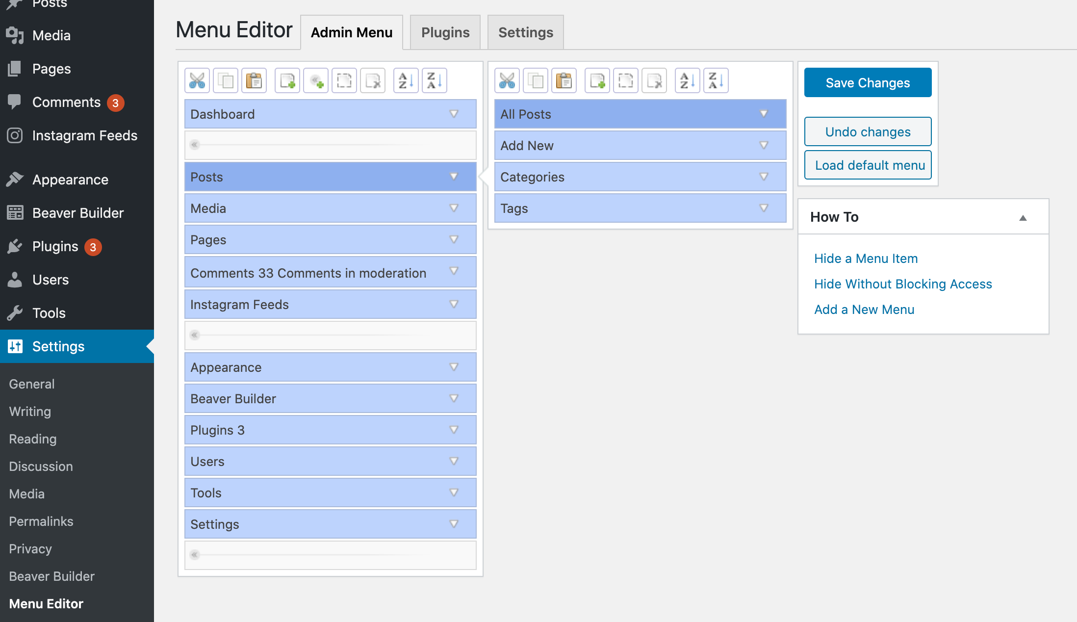 Using Admin Menu Editor to customize the WordPress dashboard menu items.