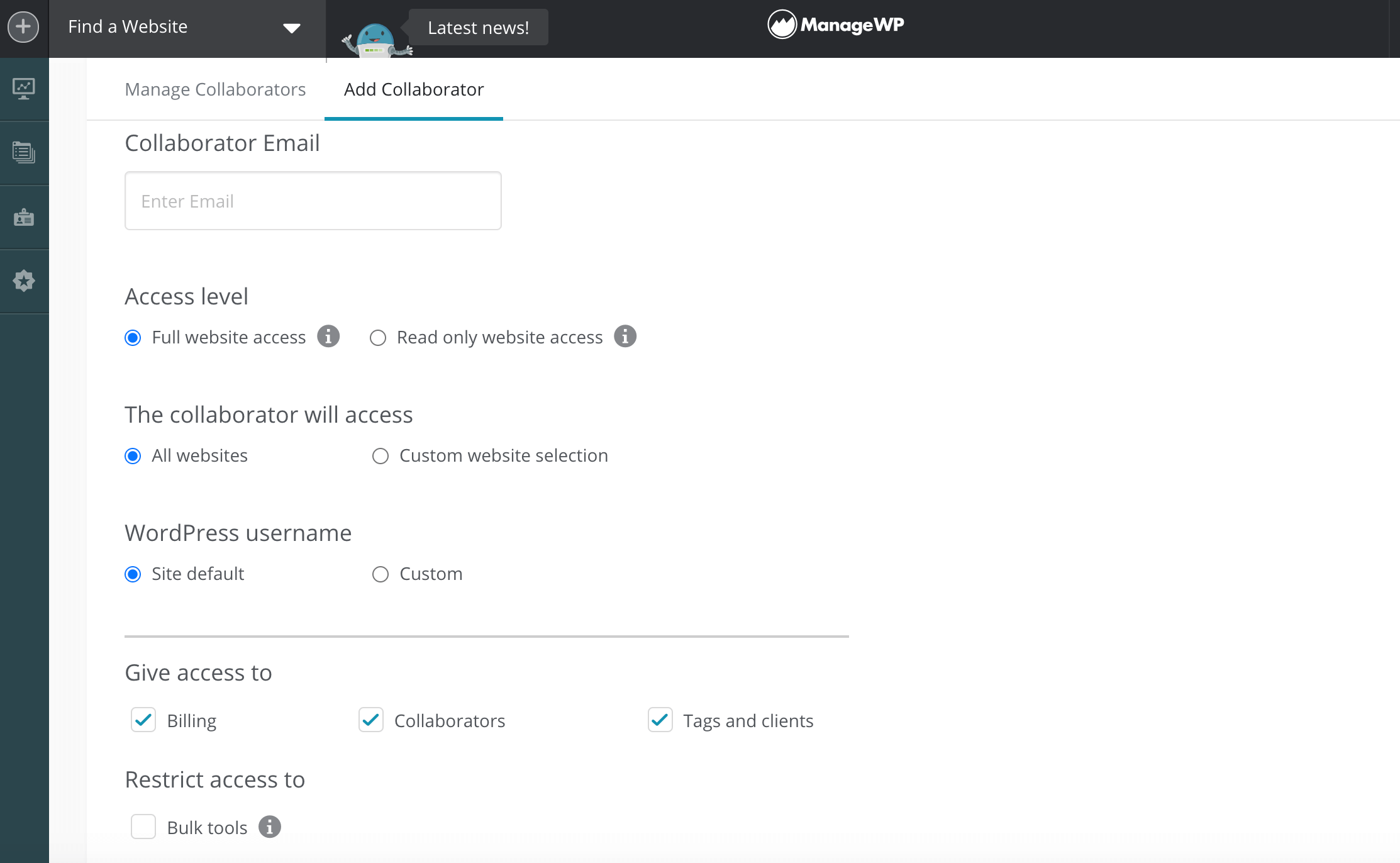 ManageWP's collaborator dashboard.