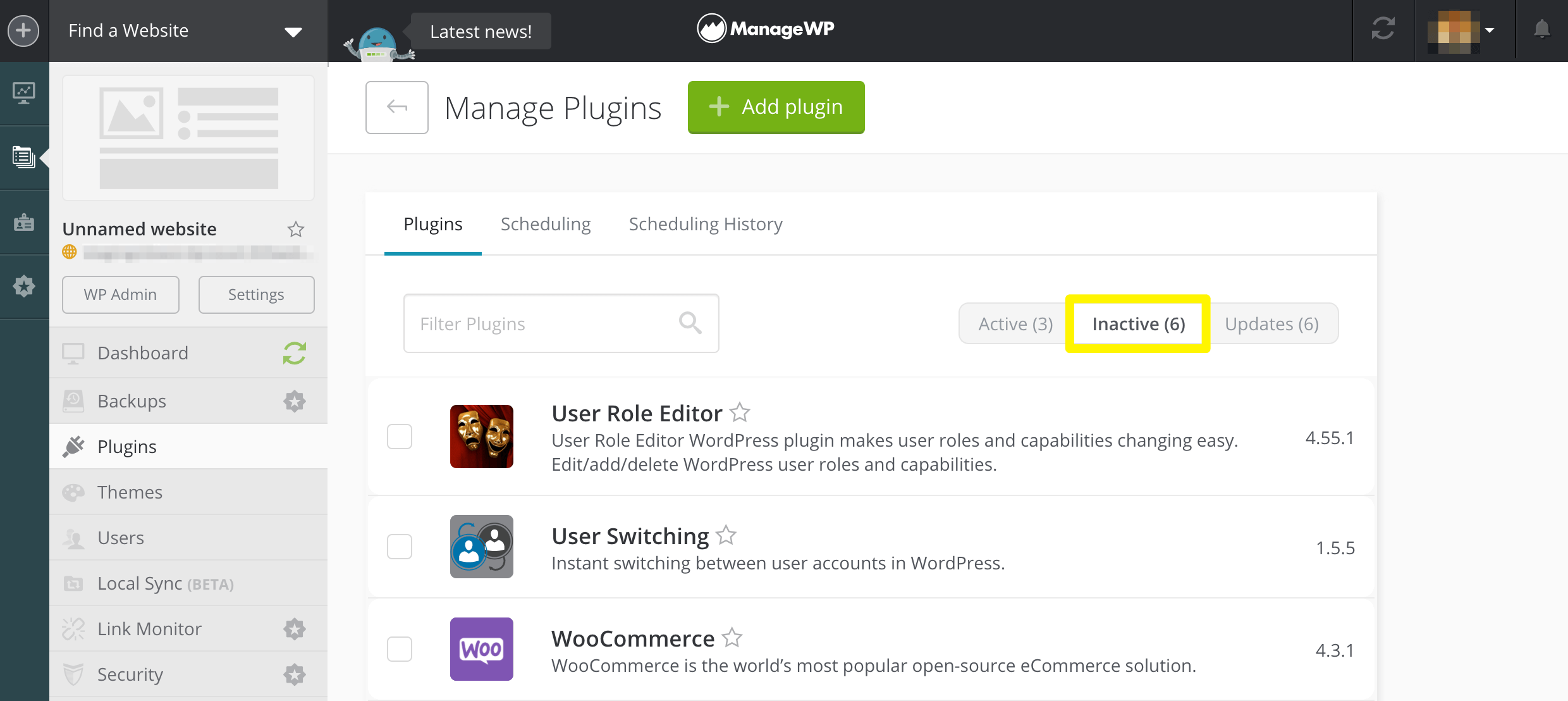 Inactive plugins highlighted in ManageWP.