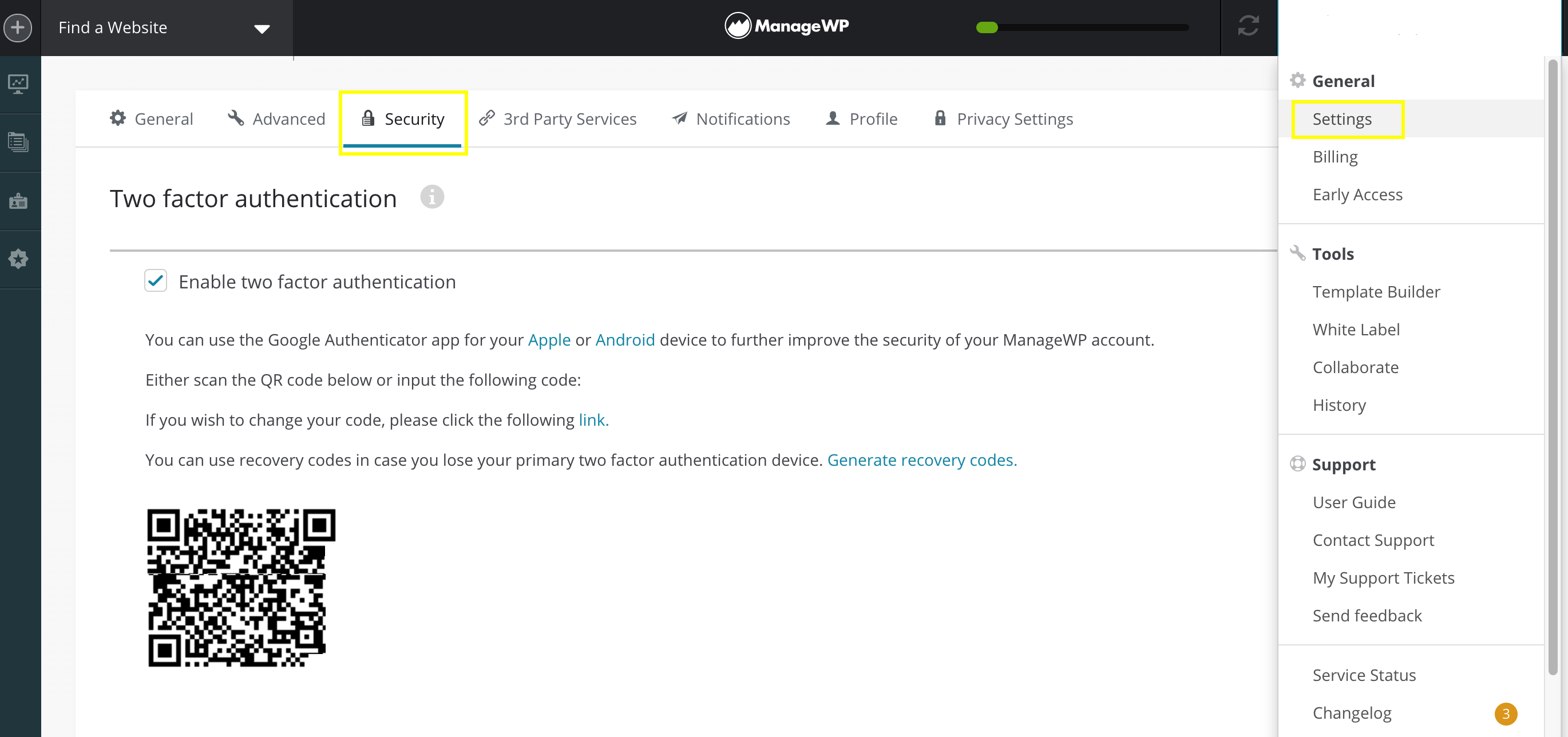 The ManageWP security settings.