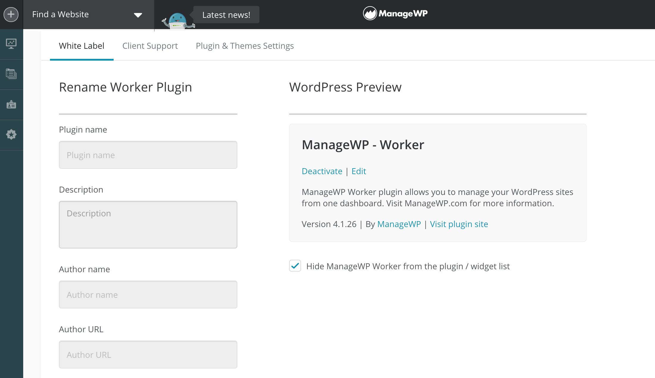 Renaming the ManageWP Worker plugin in the dashboard.