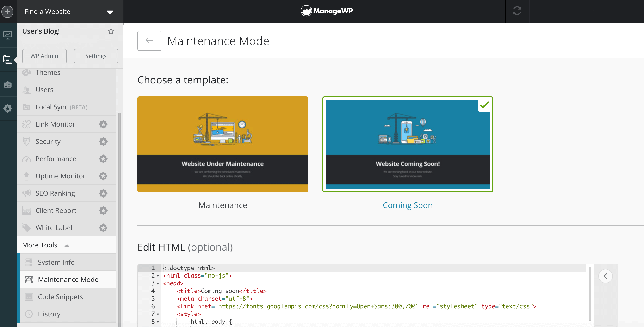 ManageWP's Maintenance Mode settings.