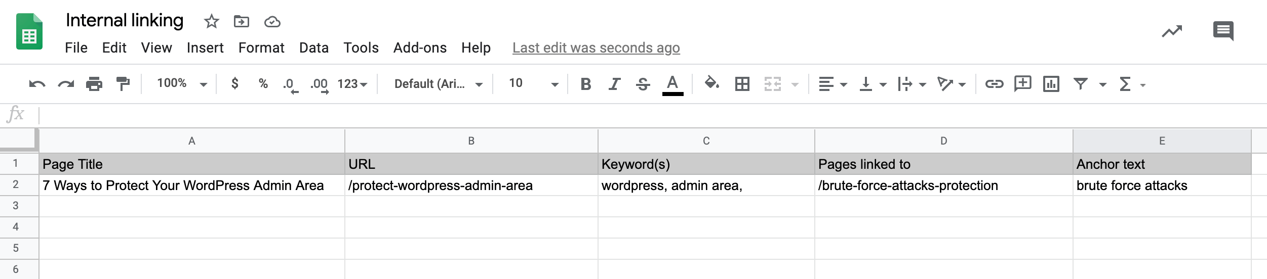 An internal linking spreadsheet created using Google Sheets.