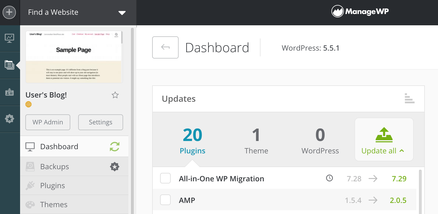 The ManageWP dashboard.