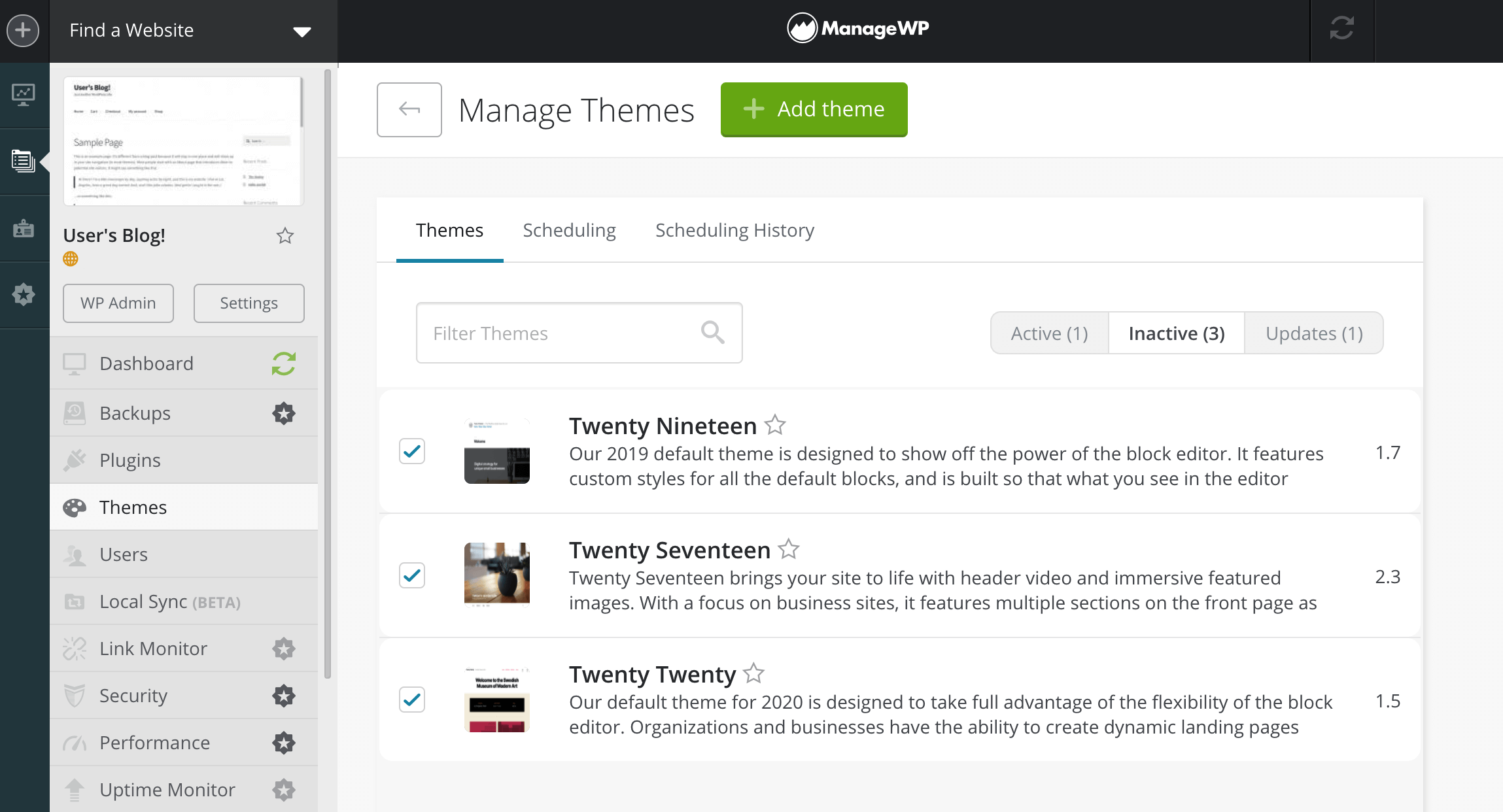 The Manage Themes section of the ManageWP dashboard. 