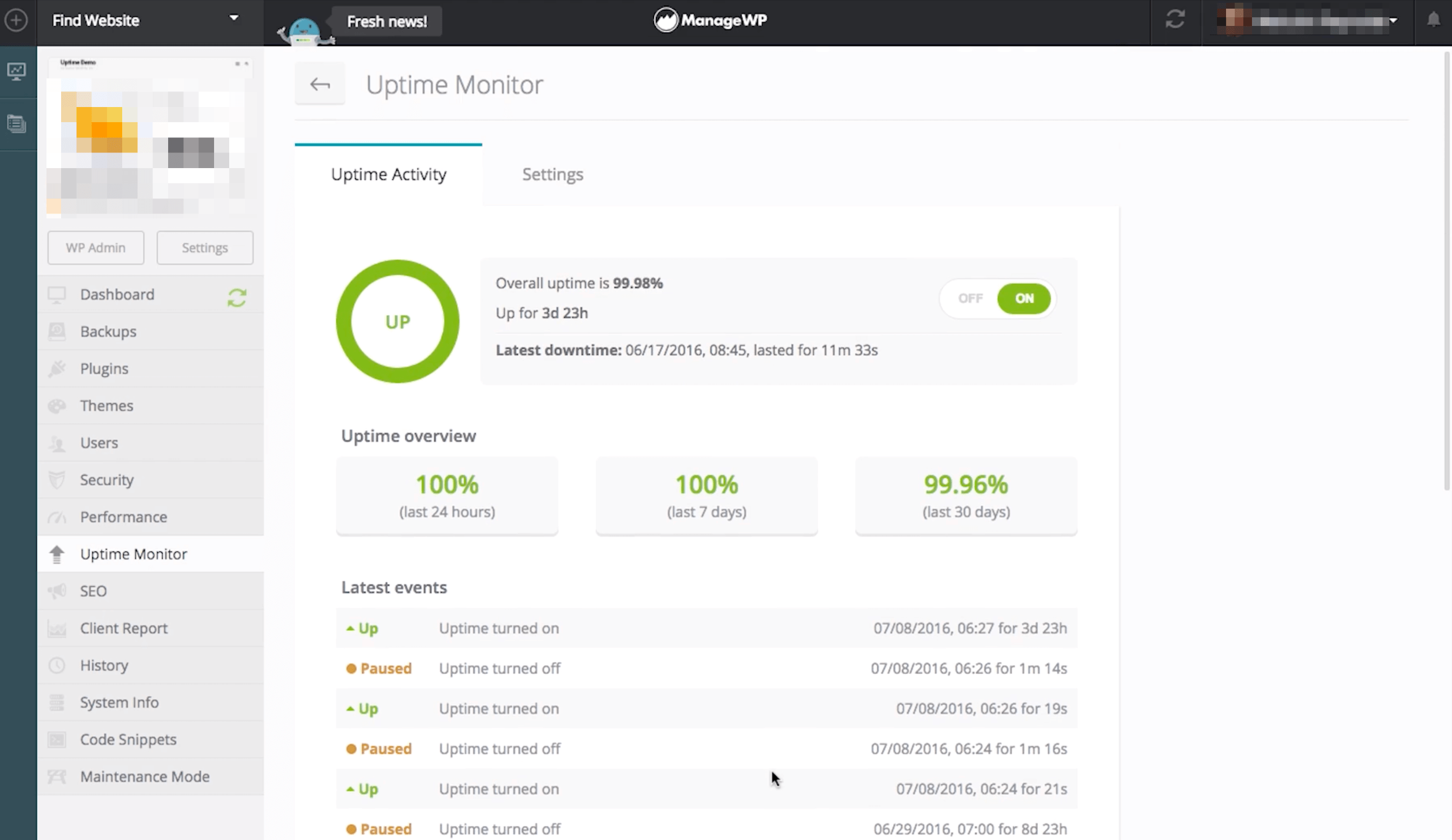 ManageWP's uptime monitor.