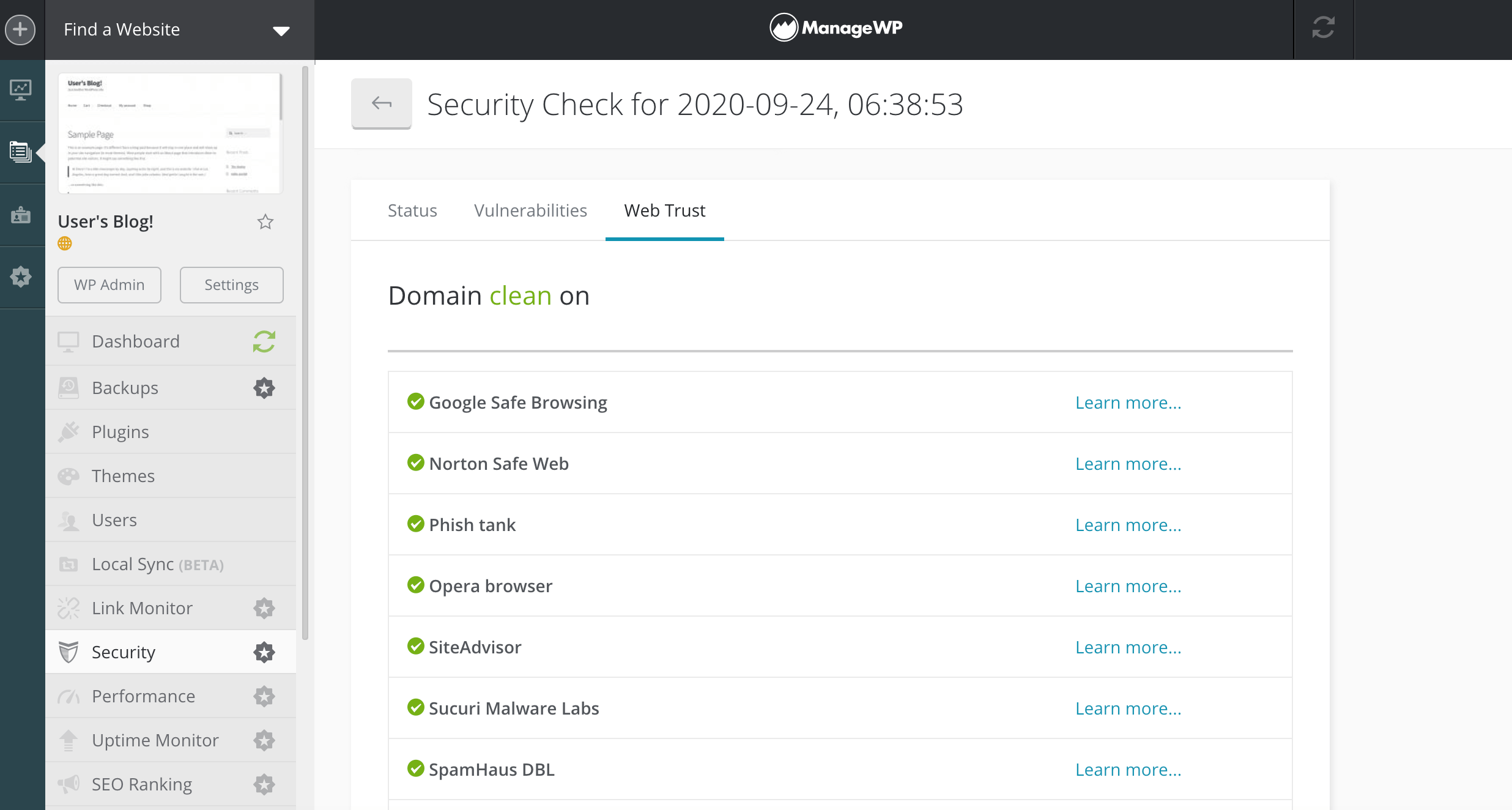 An automated security check completed with ManageWP.