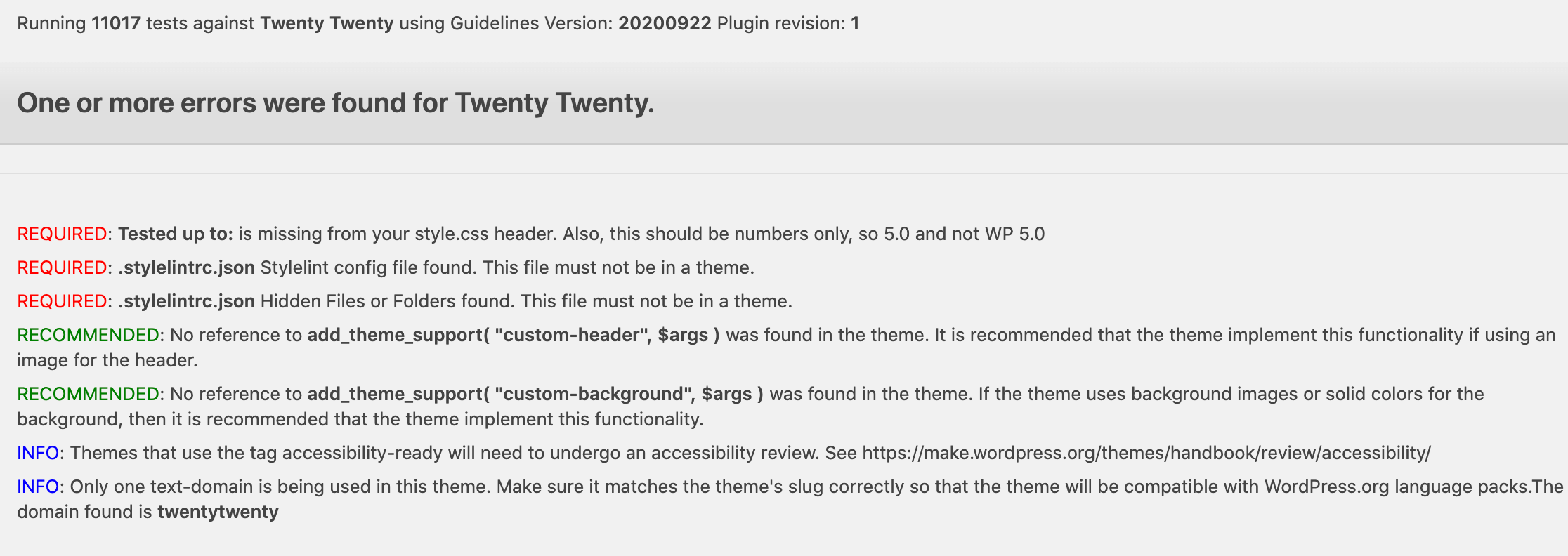 Theme Check's theme security output. 