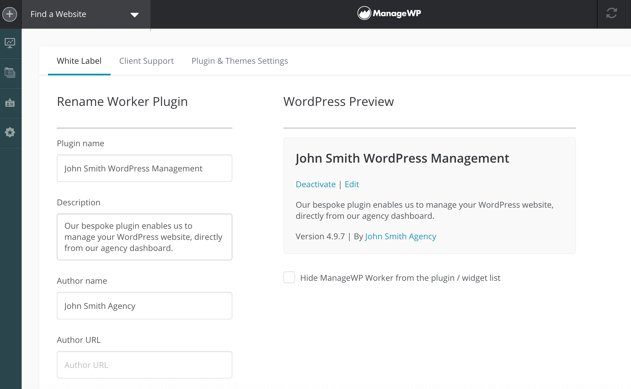 The ManageWP white label settings.