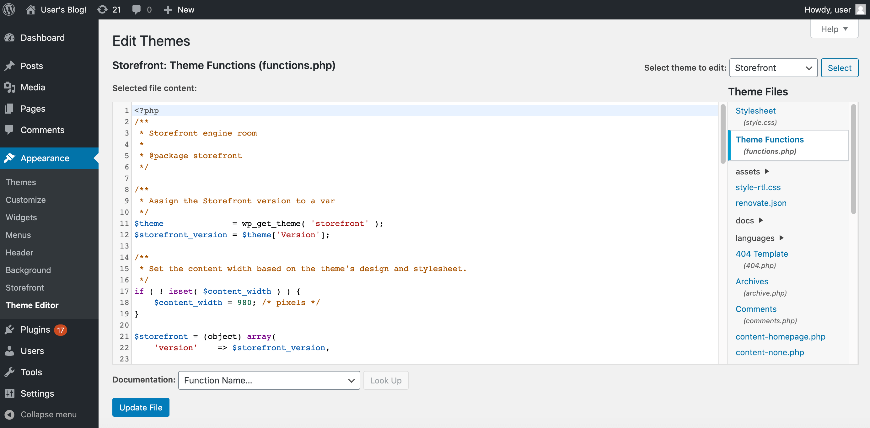 A WordPress client's theme editor.