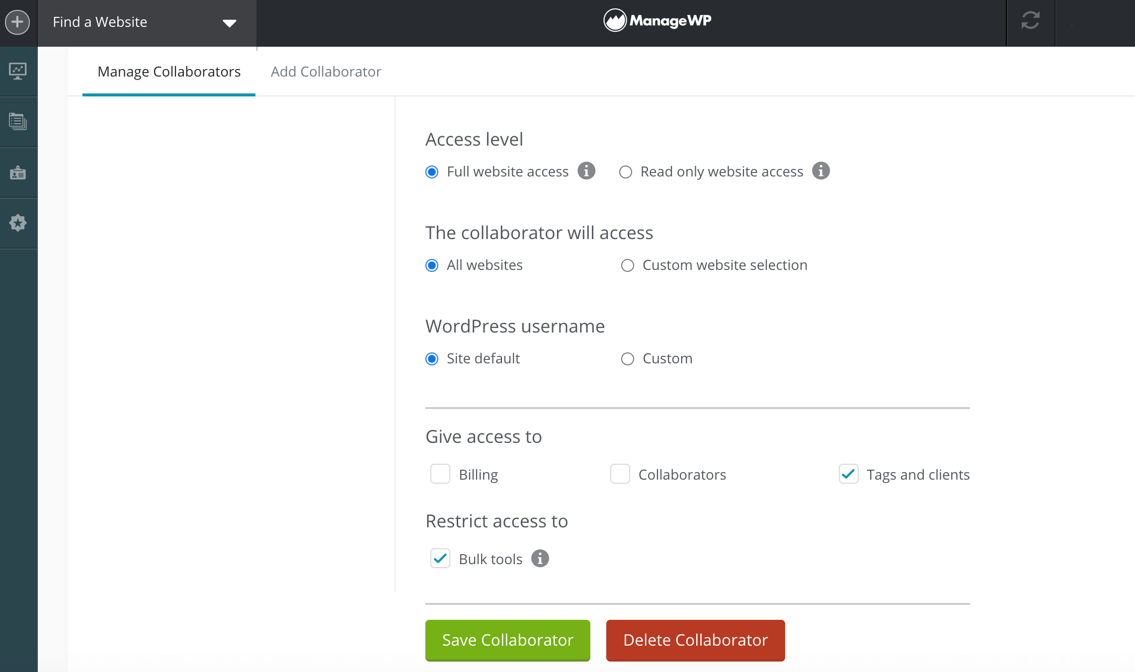 ManageWP's Manage Collaborators settings.