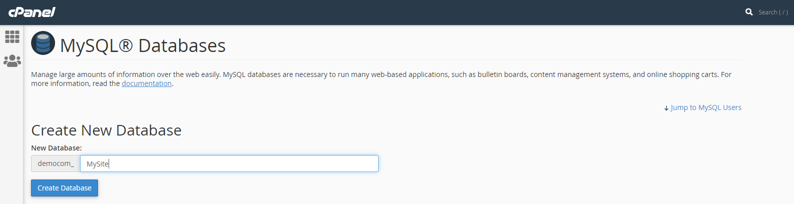 Creating a new database in cPanel.