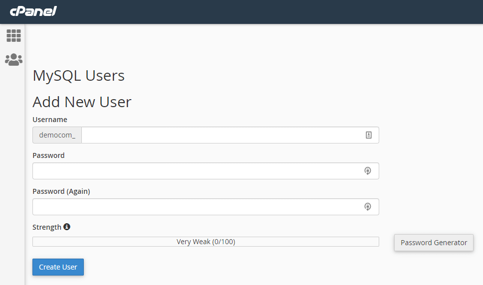 Creating a new database user in cPanel.