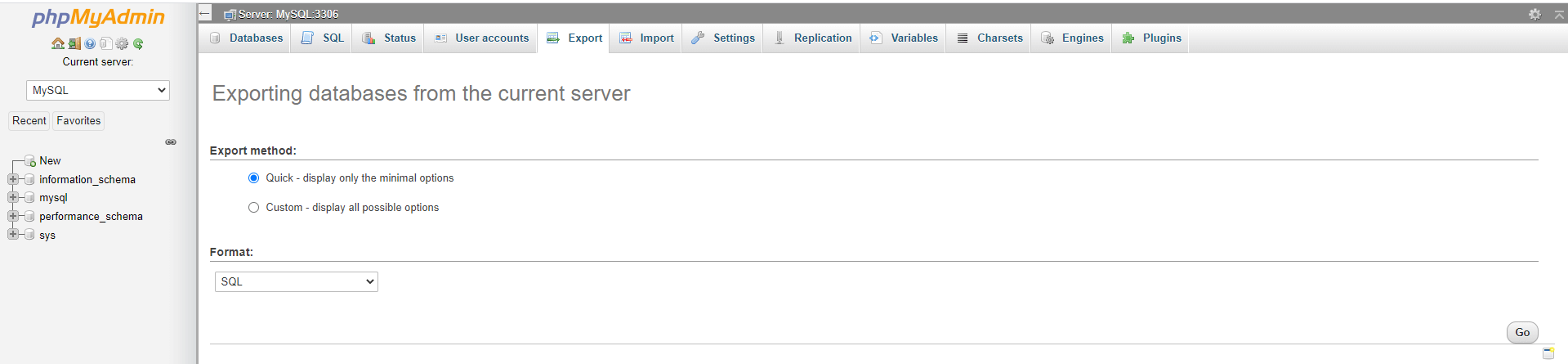 Exporting a database from phpMyAdmin.