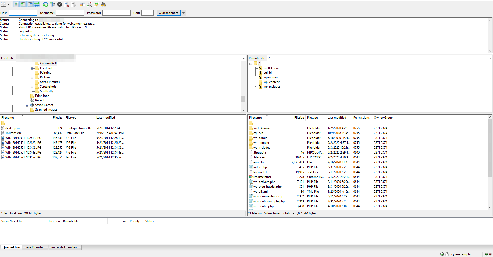 The FileZilla FTP client interface.