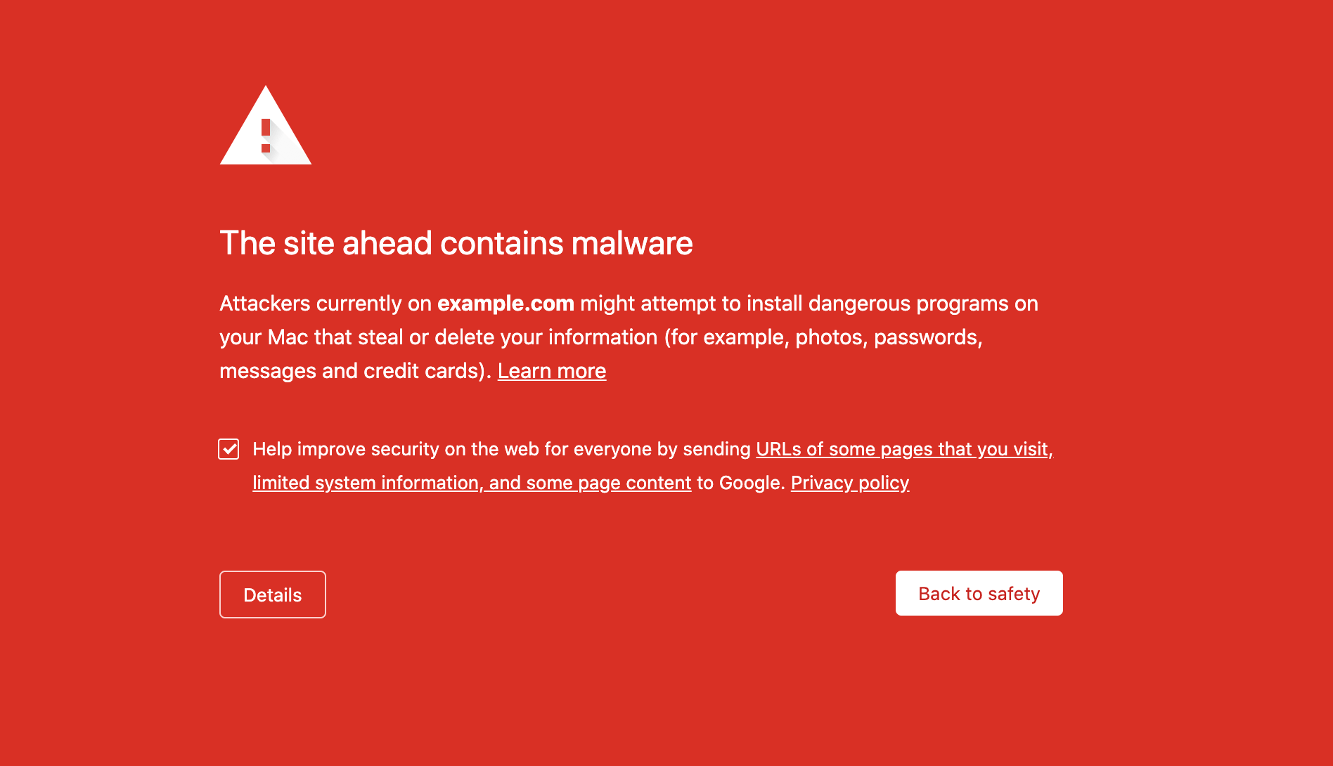 A blacklist malware warning in Google Chrome.