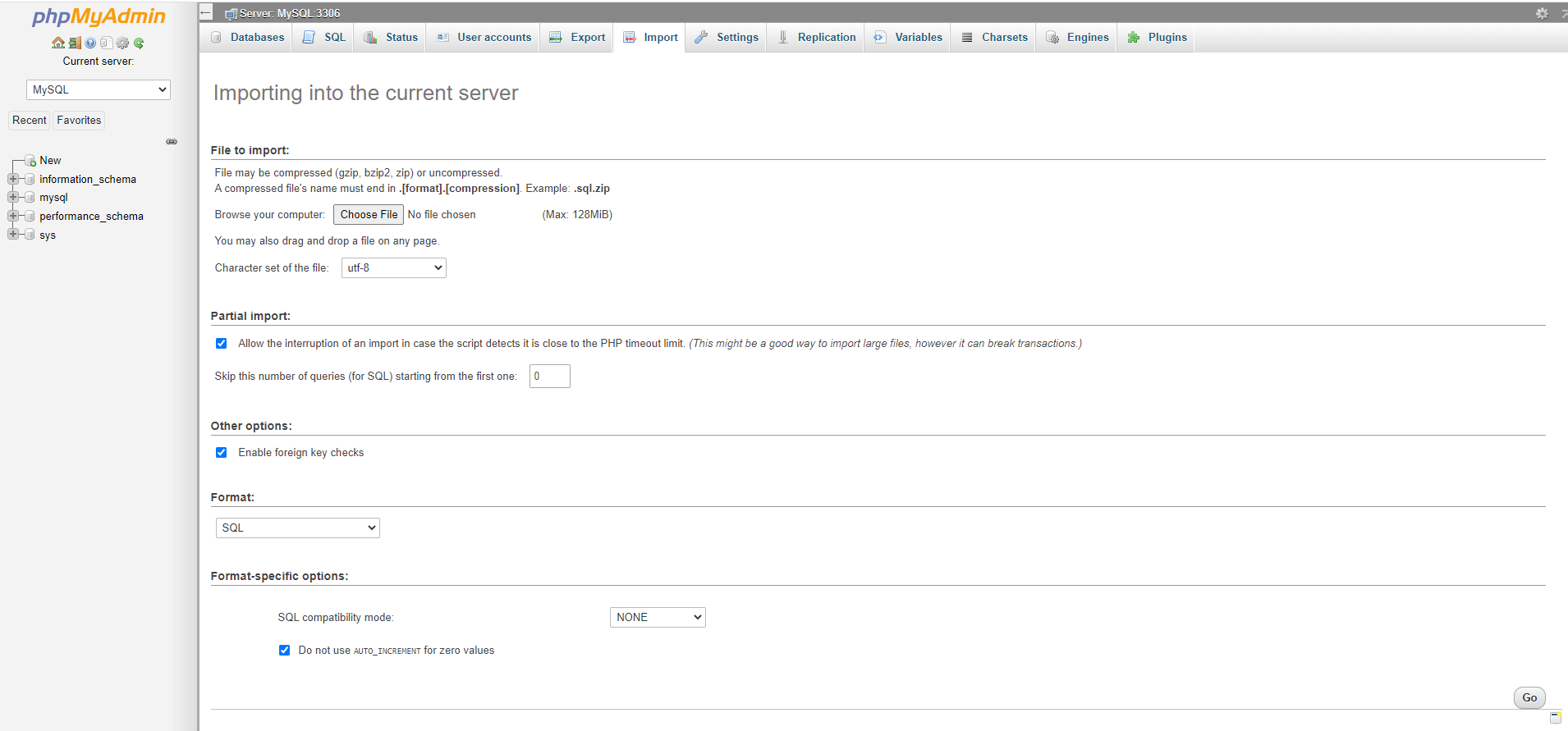 Importing a database in phpMyAdmin.