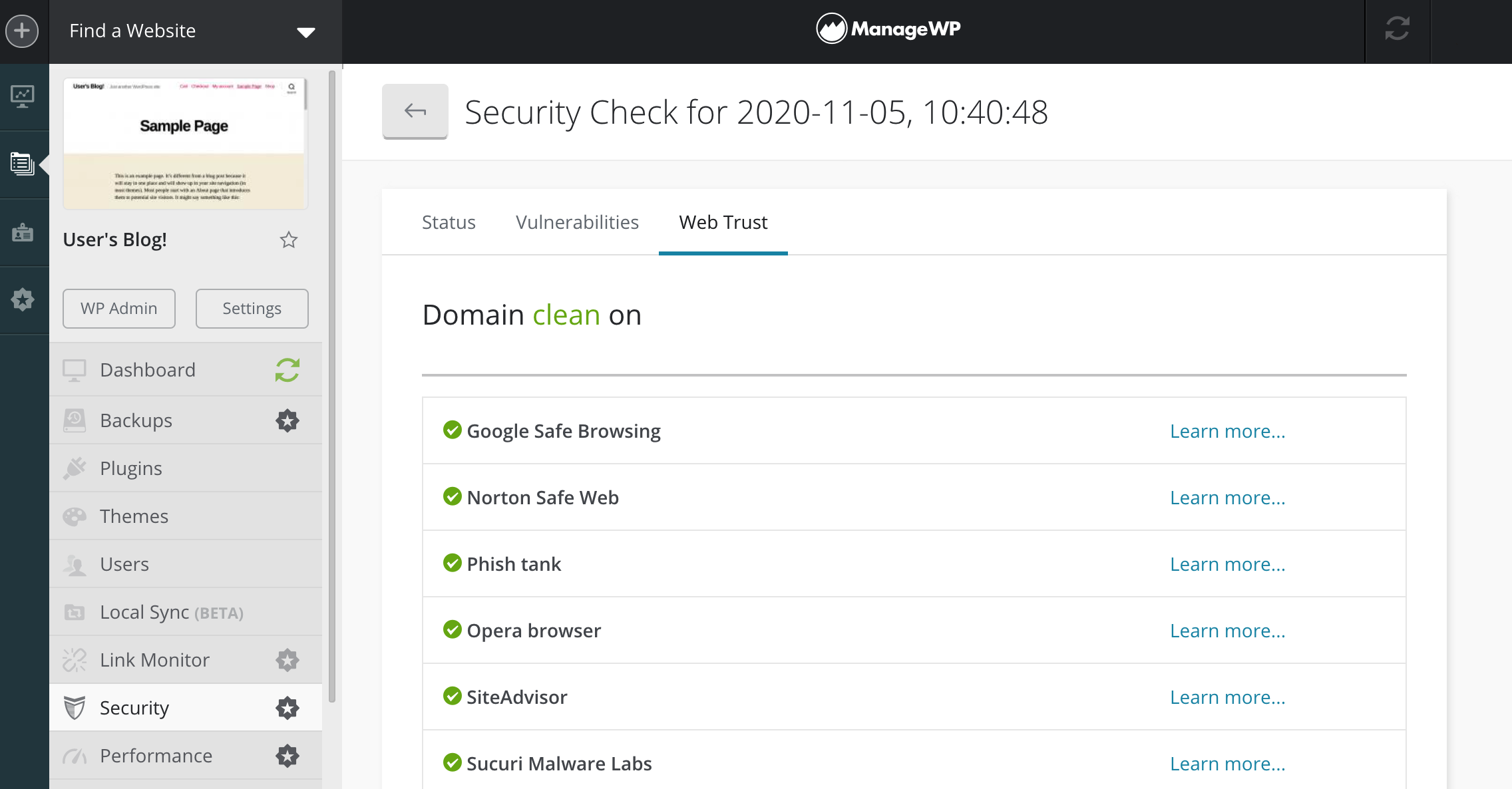 ManageWP's Security Check report, including blacklist information.