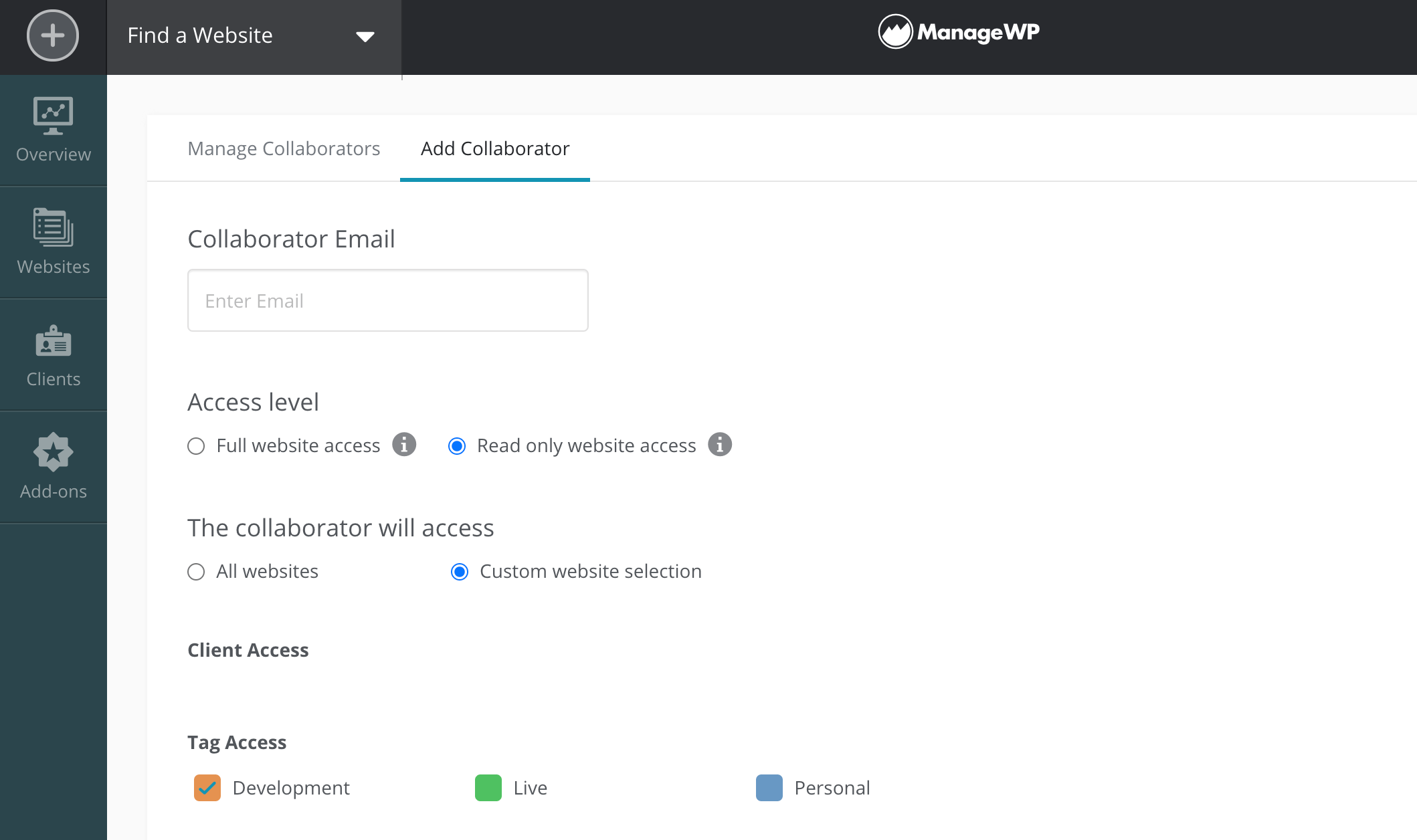 ManageWP's collaborator dashboard.