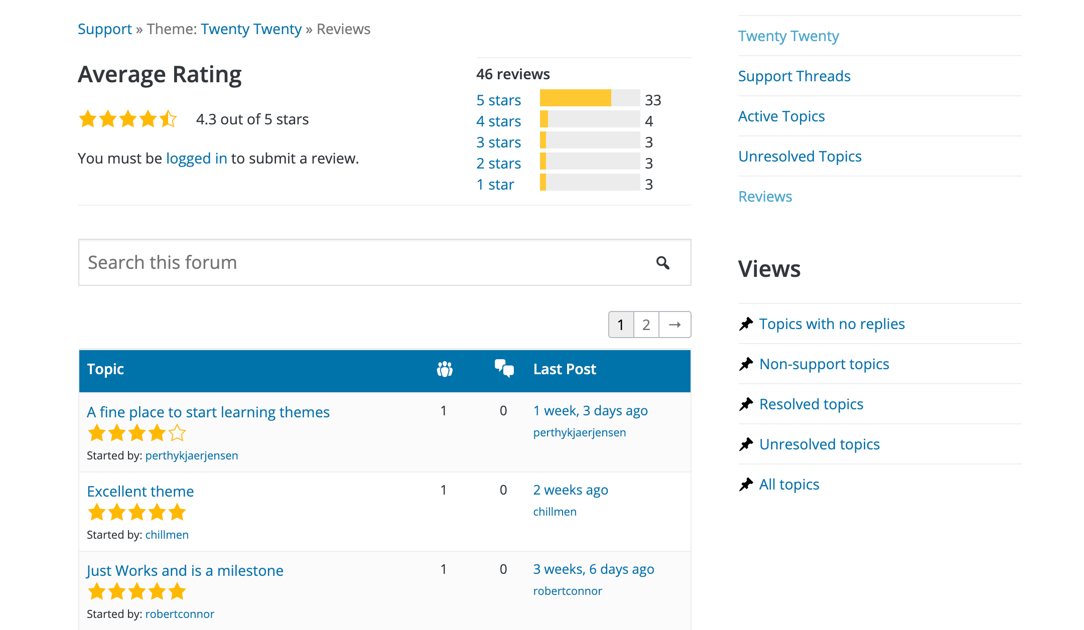 An example of user reviews for a theme in the WordPress Directory.