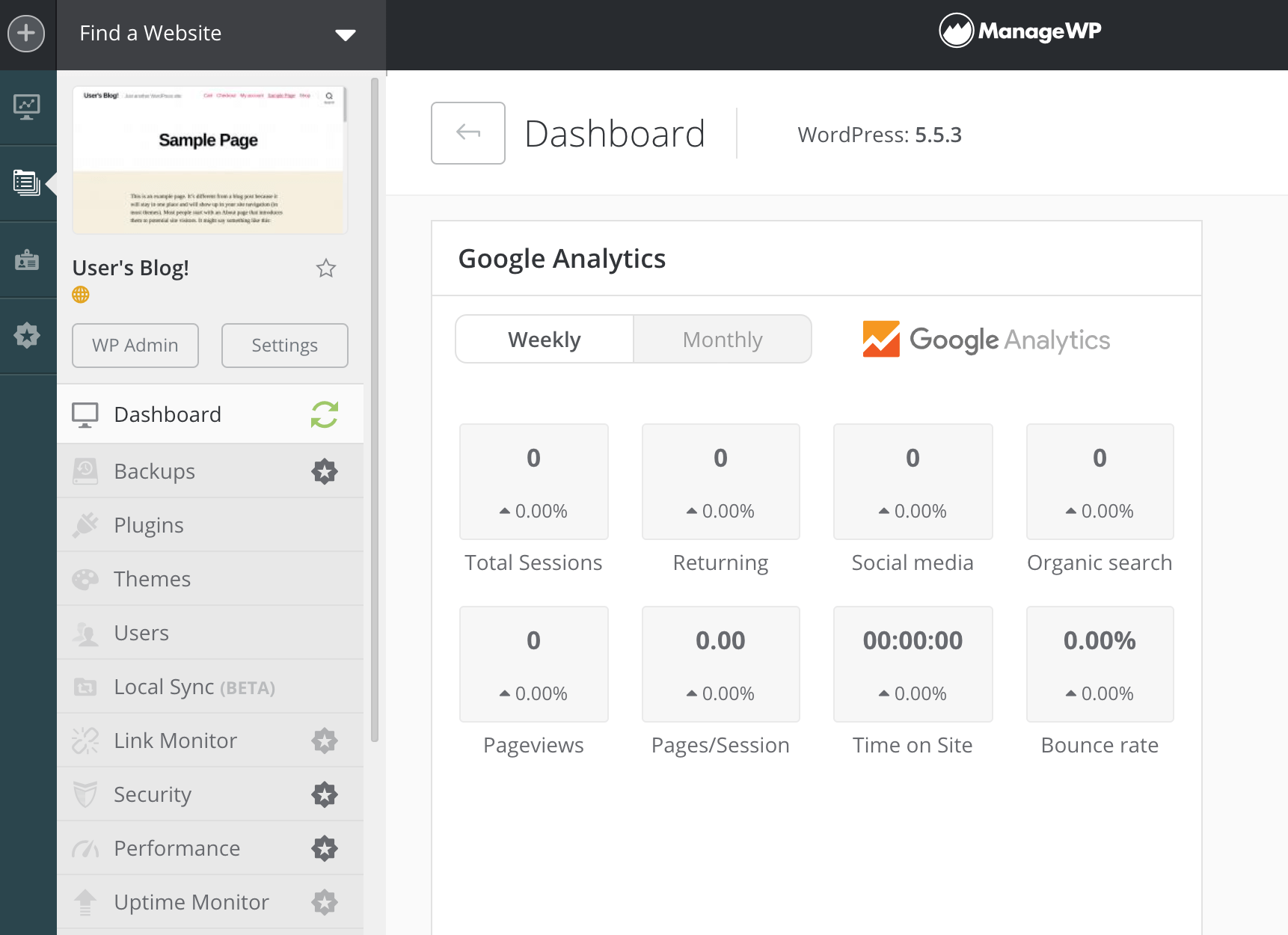 The ManageWP dashboard.