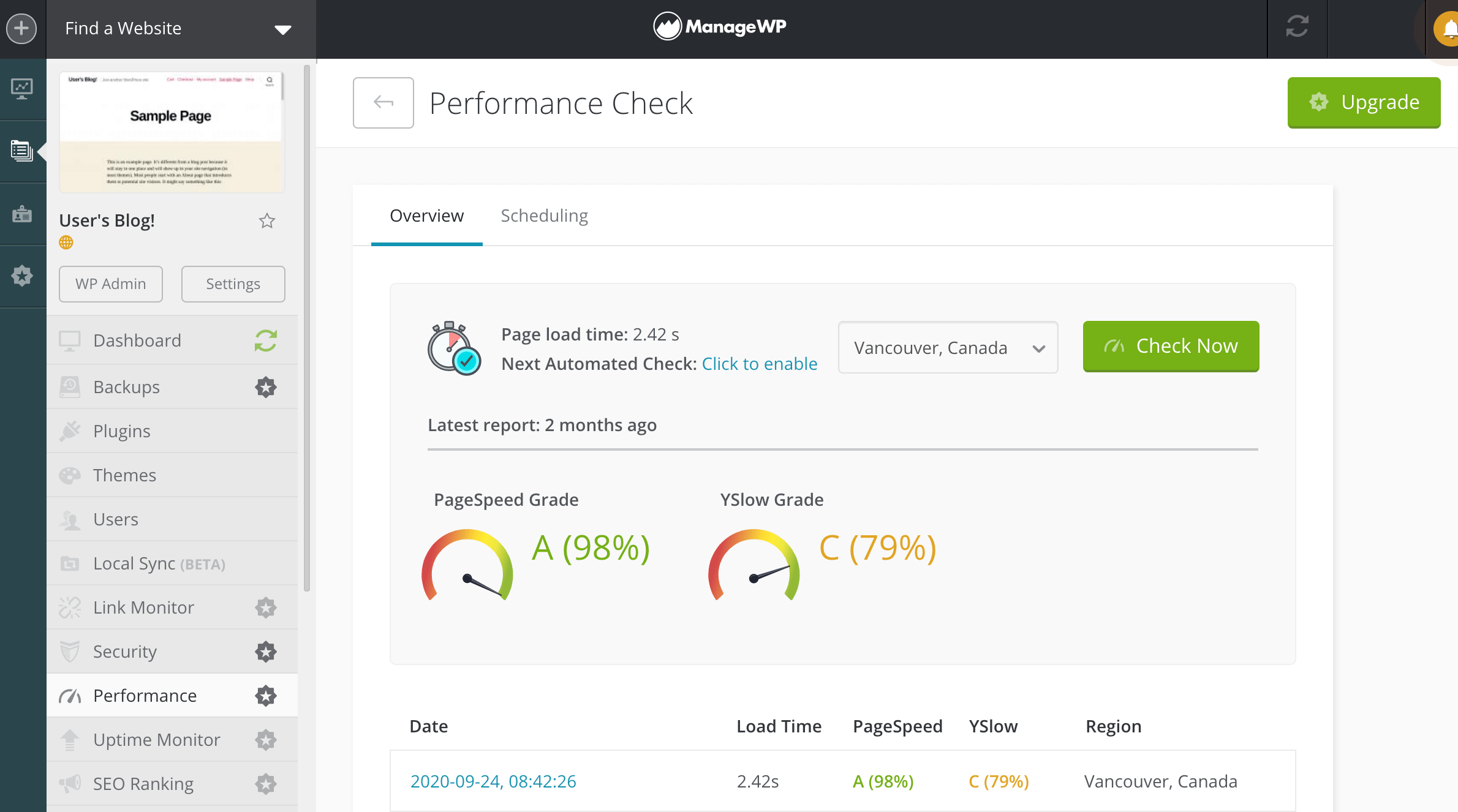 ManageWP's Performance Check tool.