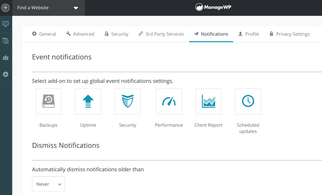 Event notifications in the ManageWP dashboard.