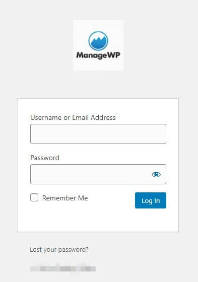 The WordPress login screen, customized with ManageWP's logo.
