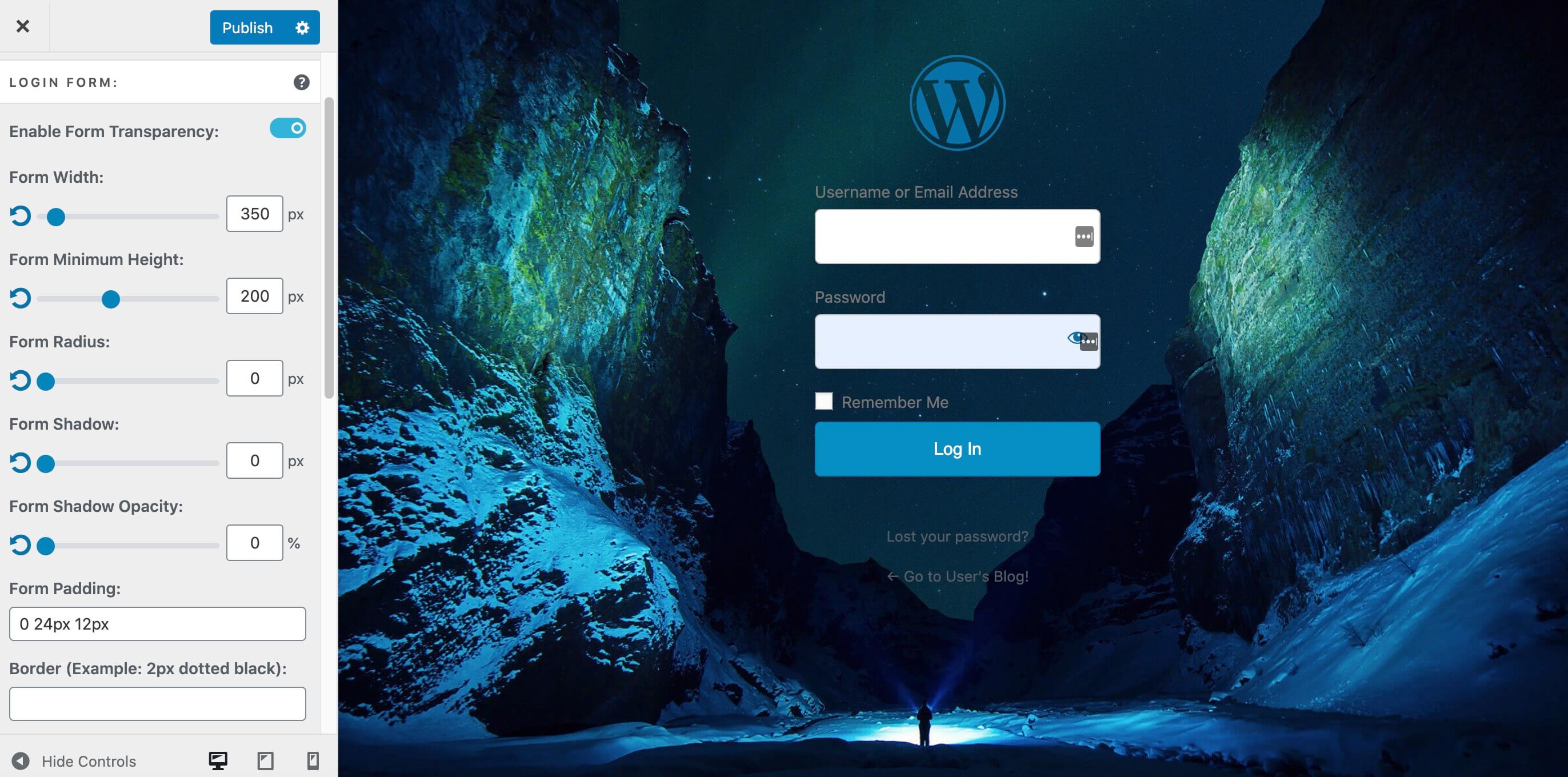 A custom WordPress login page featuring a transparent form.